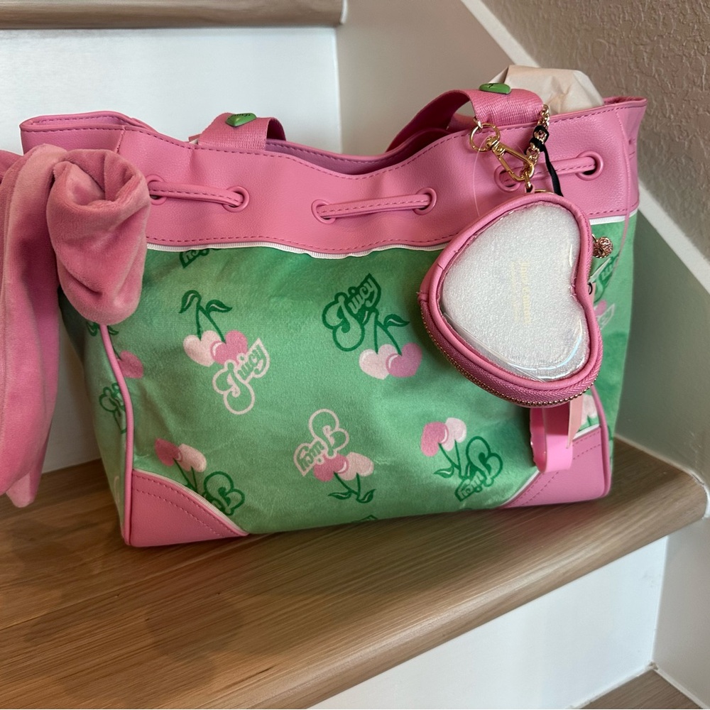 Juicy Couture Pink and Green Tote Bag with Heart Accents